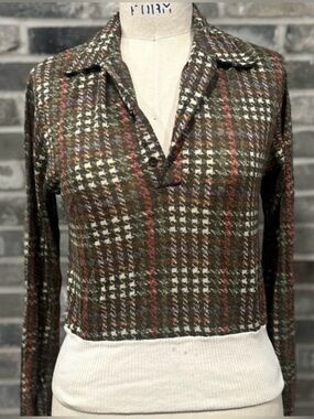 Vintage Y2K Impulse Plaid Houndstooth Collared Knit Sweater Top S